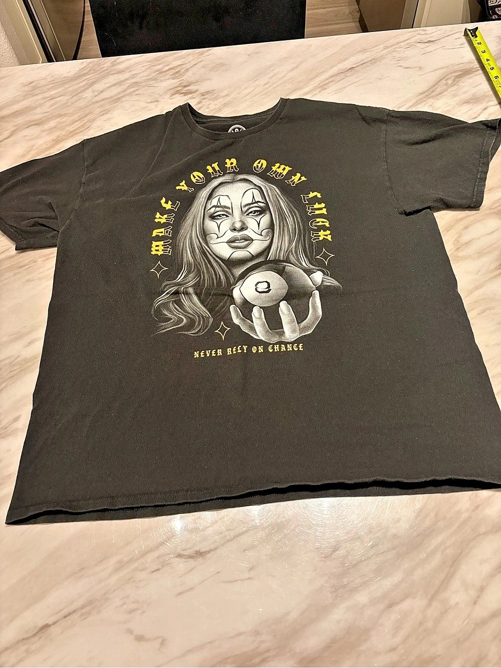 Dom "Make Your Own Luck" Cholo Clown Pinup Girl 8 Ball Streetwear Black T Shirt
